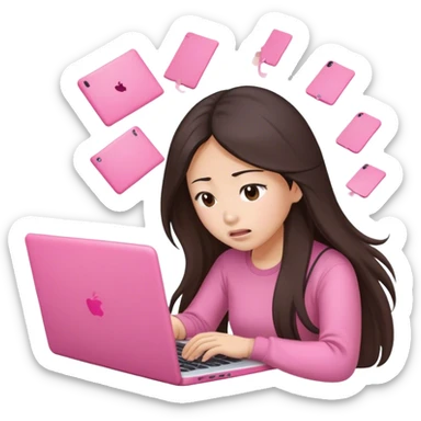 Stressed long hair brunette asian working on pink laptop  sticker