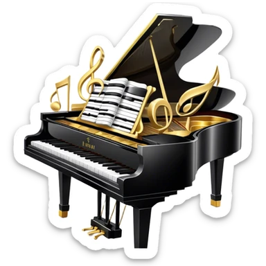 Create a detailed and elegant emoji collage representing keyboard instruments in a celebratory and professional style, reminiscent of a coat of arms. The design should feature a central arrangement of black and white piano keys, forming a symmetrical, powerful image. Around the keys, include a flowing ribbon of musical notes that intertwines with the keys, creating a sense of movement and harmony. Use gold and silver accents to highlight the keys and musical notes, giving the design a festive, high-quality appearance. The design should convey professionalism, elegance, and a sense of occasion. Add subtle reflections on the piano keys to enhance the polished look. The background should be transparent. sticker
