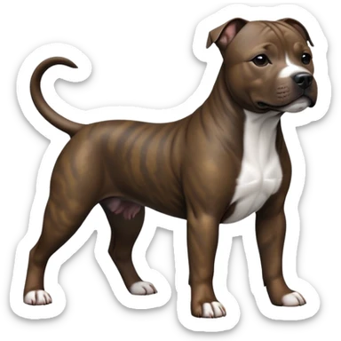 cinematic-[Staffordshire bull terrier]-realistic-full-body-standing-emoji,-tail-resting-loosely-beside-its-paws,-head-tilted-dramatically, -sleek-[dark solid brindle]-fur,-simplified-yet-realistic-focused-features,-highly-detailed,-glowing-with-an-almost-sarcastic-glow sticker