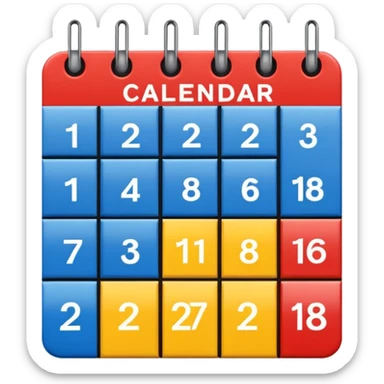 Flat icon, bright rectangular background with abstract color blocks (blue, yellow, red), black silhouette of a calendar grid, small musical notes around it, style of performing arts college logo, clean bold shapes, no gradients, high contrast, dynamic artistic composition. sticker