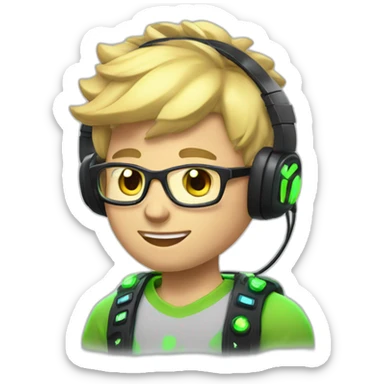 Blonde Short hair Gamer guy with headset and gamepad in hands with neon Lighting sticker