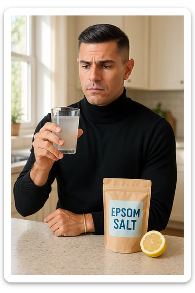 A realistic, bright photo-style image of a young man in his 30s standing in his kitchen, holding a clear glass filled with water in which Epsom salt (magnesium sulfate) has been dissolved. He looks focused but slightly uncertain as he prepares to drink it for a liver flush or digestive cleanse. The glass shows slight cloudiness from the dissolved salt. On the counter are a packet labeled 'Epsom Salt' and a sliced lemon, suggesting he might use it to mask the taste. The setting is clean, natural, and bright with neutral tones. The background shows sunlight streaming through a window, emphasizing a clean, minimalist health-focused environment. The mood conveys a realistic, calm moment of self-care with a hint of discomfort, illustrating a natural detox practice in italiano sticker