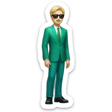 white guy in gradient green blue suit with blonde hair and black sunglasses standing with black shoes sticker