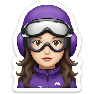 I’m sitting on snowmobile goggles and helmet not covering my face brown eyes long wavy hair white skin dark purple change snowmobile color to dark purple and white not yellow Snowmobile helmet and goggles, not on my face pants black no glasses on my face sticker