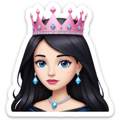 Queen, dark long hair, big crown with pink diamonds, black dress with blue diamonds sticker