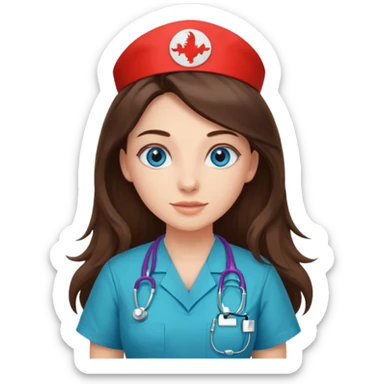 pretty brunette nurse with long hair and blue eyes in dinosaur scrubs sticker