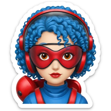 blue curly haired girl with huge earrings wearing red paintball helmet with eye protection, only face  sticker