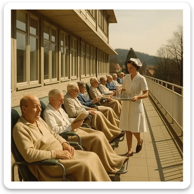 1960s hospital terrace with patients covered with blankets on their legs sunbathing, some reading or chatting, nurse distributing water, serene and therapeutic atmosphere, realistic details, warm sunlight, 4K quality sticker