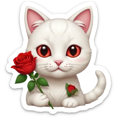 Cute emoji-style white cat holding a red rose in its mouth, big round eyes with visible white sclera, smaller pupils, soft warm brown irises, fluffy fur, clean mascot style, gentle cute expression, centered, transparent background, 1:1 ratio. sticker