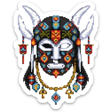 sackface character with elaborate ritual symbols stitched into mask sticker