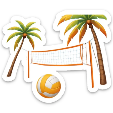 A volleyball resting on the orange sand of a beach, with a volleyball net in the background. The scene captures a sunny beach atmosphere with clear blue sea and sky, palm trees swaying, and people in swimsuits enjoying the vibrant surroundings sticker