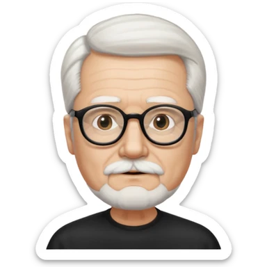 An elderly man with neatly combed white hair swept back and wears black rectangular glasses. His face is oval-shaped with  a small white beard.  sticker