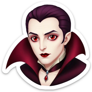 Cinematic Noble Vampire Portrait Emoji, Elegant and commanding, with a refined, pale visage framed by dark, velvet accents and a hint of crimson, exuding timeless seduction and dangerous allure, simplified yet exquisitely detailed, glowing with a soft nocturnal radiance and a subtle, mysterious outline that captures the regal spirit of an immortal lord of the night! sticker