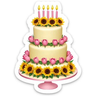 A large three teir cake with first mayer decorated with roses, second with Sunflowers and third with Tulips and Happy Birthday Dear written on top. sticker