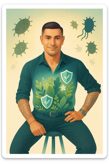 Verticale: uomo rilassato, addome con simboli di scudo e flora intestinale rigogliosa, piccoli parassiti stilizzati che vengono allontanati, colori rassicuranti. sticker