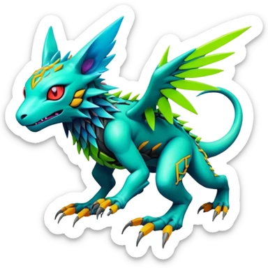 Tropical lush warm-colored modern colorful neon-colored cyber-Fakémon-Digimon-Trico-creature sticker