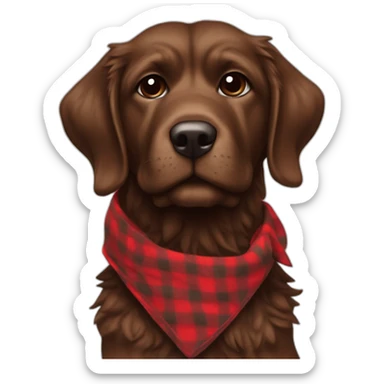 Chocolate brown colored doodle with a red and black flannel hankerchief holding a plush salmon fish chew toy sticker