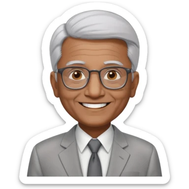 70 yr old indian man, short straight white hair brushed back, light grey business suit, big smile, dark brown skin, no moustache, dark brown eyes, glasses
 sticker