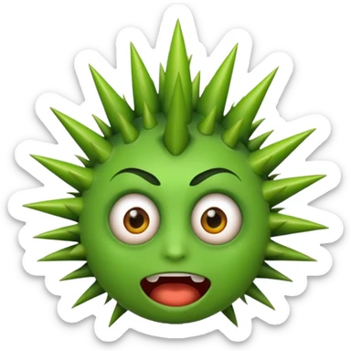 A green emojicon that has crazy eyes and green spikes at the top sticker