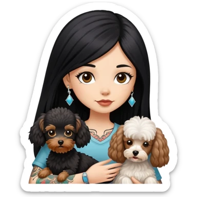 girl with long black  straight hair and tattoos and white Yorkshire and brown poodle sticker