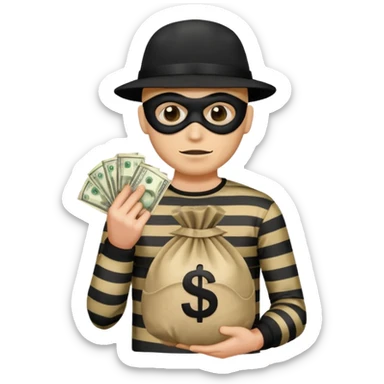 robber wearing a black mask and striped shirt holding a money bag, classic emoji style sticker