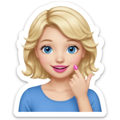 Girl Blonde short wavy hair,  blue eyes, cute blue top, long lashes, pink lips, smiling, hand covering the mouth sticker