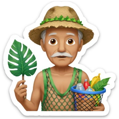 Hawaiian old man with leaf hat and big trash net and colorful cloth sticker