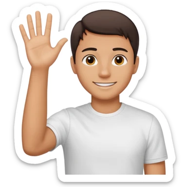 joven bronceado medio pelon oscuro muy cortito polera blanca sonrisa bonita saludando mano arriba sticker