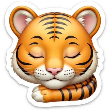 Meme-Worthy cute Sleeping Tiger Cub Portrait Emoji, Head resting peacefully with a contented smile, showcasing a luxuriously soft, striped form and eyes gently closed in serene slumber, Simplified yet comically adorable features, highly detailed, glowing with a soft, drowsy wild light, high shine, relaxed and utterly lovable, stylized with an air of playful laziness, bright and heartwarming, soft glowing outline, capturing the essence of a sleeping tiger cub that feels destined to become the next viral icon of adorable rest! sticker