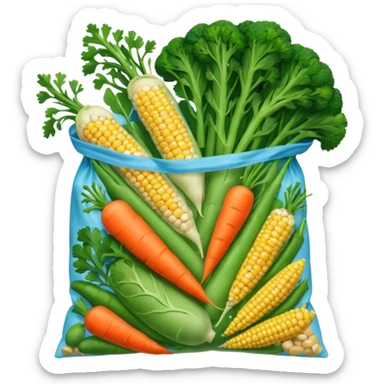 A colorful plastic bag filled with mixed vegetables — peas, carrots, corn, and broccoli — sealed and lightly frosted. Tnutrition facts, and vibrant vegetable images. Displayed in a grocery store freezer with cool white lighting and condensation on the glass door. sticker