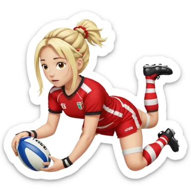 Chica de pelo rubio tirada en el suelo boca abajo agarrando un balón DE RUGBY con las manos vestida con una equipación de color rojo y blanco con líneas y con unas botas de tacos de fútbol, con un bucal en la boca y el pelo con trenzas, se la tienen que ver las piernas  sticker