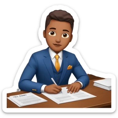 Hip hop music record company executive in office sitting at desk with contract on top of desk sticker