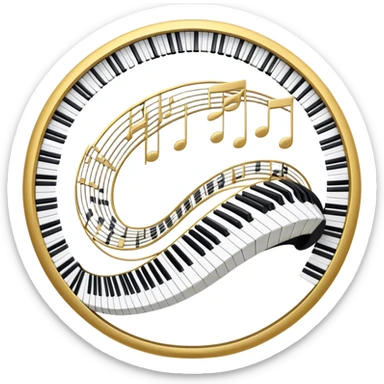 Create an elegant and festive emoji collage representing keyboard instruments, styled like a heraldic emblem. The design should feature a central focal point of black and white piano keys, arranged in a semi-circular or shield-like shape. Around the piano keys, add intertwining musical notes that form flowing ribbons, creating a dynamic and celebratory atmosphere. The design should be professional, with polished silver and gold accents on the keys and notes, highlighting the luxury and sophistication of the instruments. Add subtle shading and lighting effects to give the design a refined, 3D appearance. The background should remain transparent, and the overall feel should evoke grandeur, artistry, and a sense of celebration. sticker