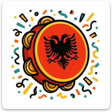 cartoonish tambourine with Albanian flag colors and festive confetti, cheerful sticker