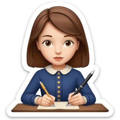 a girl is Writing in a Paper in a vintage outfit with old type pen  sticker