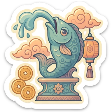 elongated fountain shaped like a serious fish with a water stream flowing from its mouth, retro-stickers style, eastern decor with patterns, clouds, coins, lanterns, detailed drawing with shadows and highlights, thin clean contours, soft rounded shapes, pastel palette #98B5BC, #B5B3C1, #C9A3C9, #E4C0CA, #F7DCD1, #F7C0AA, modern Japanese pop art, soft lighting, transparent background sticker