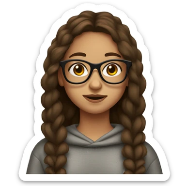 girl wearing glasses, long brown hair, brown eyes, tall, wearing a sweatshirt, leggings, freckles,  sticker