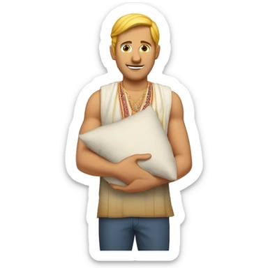 white man holding a pillow, weaing indian festival outfit sticker