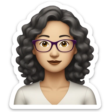 Elegant fair asian woman in her 40s, wearing rimless spectacles, long curly hair, slightly plum sticker