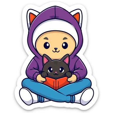 guy with a cap and hoodie, two black cats on his lap sticker