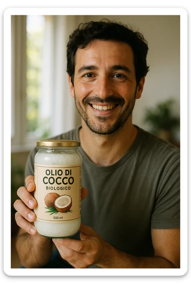 realistic and cinematic style portrait of a happy man showing a jar of organic coconut oil, features similar to reference photo, Italian label clearly visible, natural and bright atmosphere, vertical 2:3 aspect ratio sticker