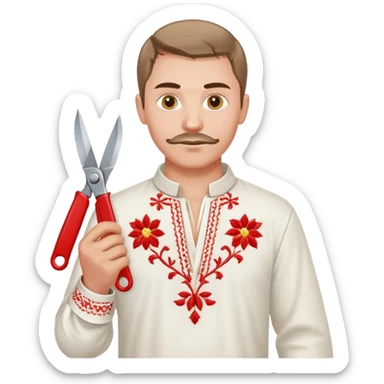 A Ukrainian man wearing traditional white embroidered vyshyvanka shirt holding red scissors in one hand and a spanner/wrench in the other hand sticker
