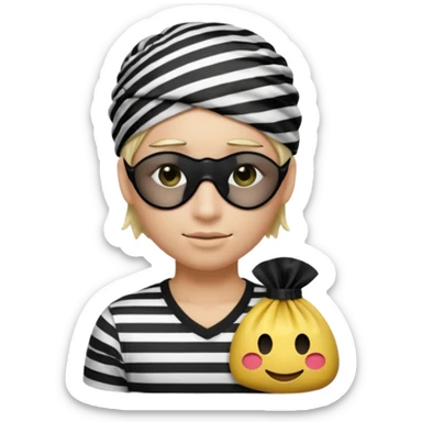 Realistic ios emoji-style portrait of a classic burglar, a black eye mask and a black-and-white striped shirt. Highly detailed, natural skin texture, realistic shadows, smooth gradients, glossy reflections in the eyes. emoji-like hair, black hat, an emoji bag of money in a right corner  sticker