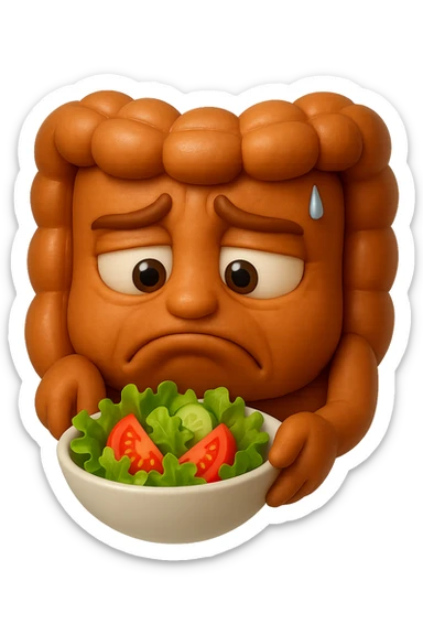 EMOJI STILE IPHONE DI UN INTESTINO UMANO ANATOMICO CHE GUARDA UN INSALATA CON ESPRESSIONE TRISTE E RASSEGNATA IN VOLTO: SOFFRE LA FAME PERCHé è A DIETA, FAGLI ANCHE LA PARTE BIANCA DEGLI OCCHI, NON SOLO LE PUPILLE, IPERREALISTICO 4K sticker