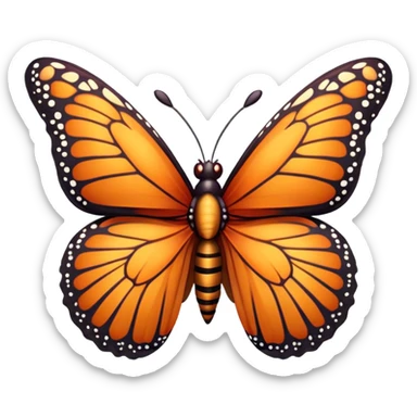 Cinematic Realistic Cute monarch Butterfly Portrait Emoji, Head tilted playfully and inquisitively, featuring vibrantly patterned ruby wings with intricate detailing and a charming, petite body with round, sparkling eyes full of warm curiosity, rendered with lifelike precision and natural highlights, high shine, affectionate and spirited, styled with a touch of whimsical garden delight, soft glowing outline, capturing the essence of a mischievous yet lovable monarch butterfly that seems poised to flutter playfully into your arms! sticker