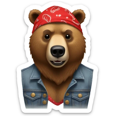 grizzly bear wearing sleeveless jean jacket and red bandana around head with open mouth sticker