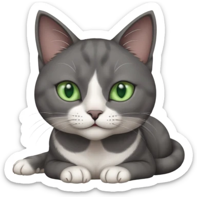 full body view of beautiful female solid dark grey cat with green eyes, grey face, white toes/paws and small white patch on her chest sticker