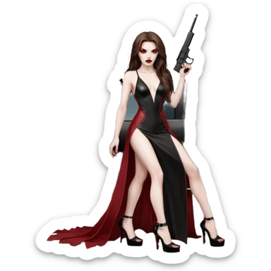 Lilith symbol red eye seductress evil long brown haired sexy succubus woman with leather long dress with slit, sitting in Big Large F350 pickup truck. Black Platform high heels on feet. Back of truck full of stacks of cash, and a man human skull with a gun in other hand sticker