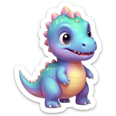 Cinematic tiny pastel dinosaur, chubby round body, tiny feet, big sparkling eyes, soft glowing colors, happy and friendly expression, radiating warmth. sticker