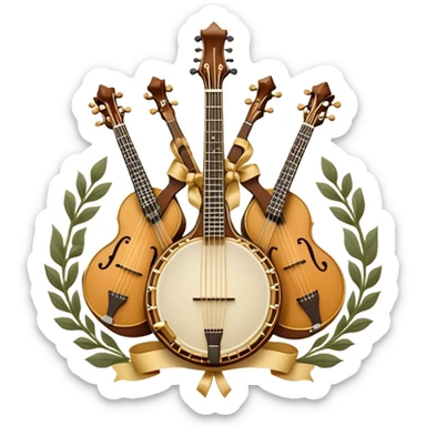 Design a sophisticated and festive emblem-like emoji representing plucked and stringed instruments. The layout should resemble a heraldic crest, featuring iconic instruments like a banjo, mandolin, domra, and sitar, artistically arranged in an elegant and symmetrical way. The necks of the instruments should be intertwined with a flowing ribbon of musical notes, winding around the strings and fretboards. The design should be detailed, showcasing the intricate carvings on the instruments, visible strings, and fret markers. Use a rich color palette with deep golds, browns, and vibrant accents to evoke a sense of luxury and celebration. The musical notes should appear to float around the instruments, connecting them in a graceful, dynamic way. Include ornate flourishes or decorative elements like laurels, swirls, or subtle engravings to give the image a professional, emblematic appearance. The background should be transparent. sticker